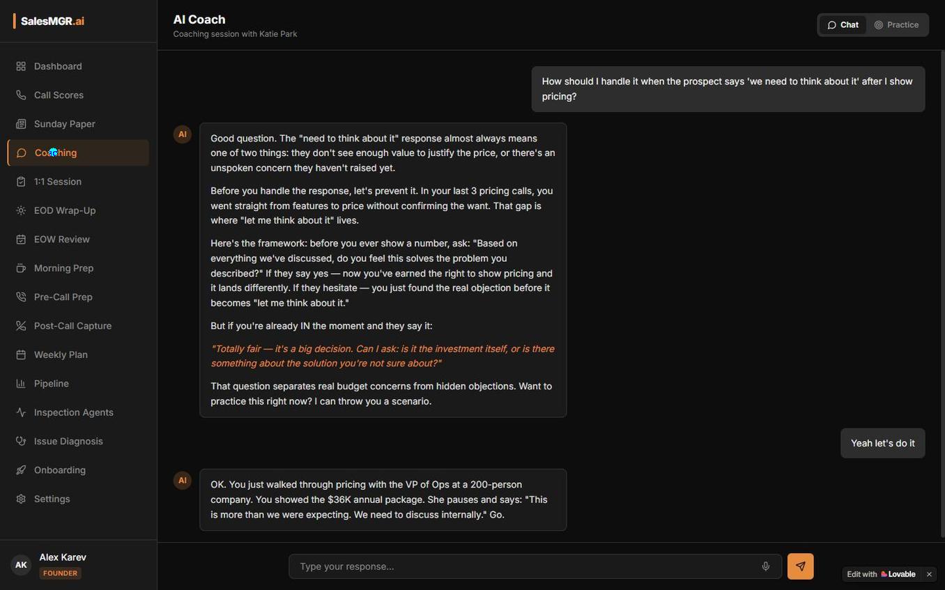 AI coaching chat interface